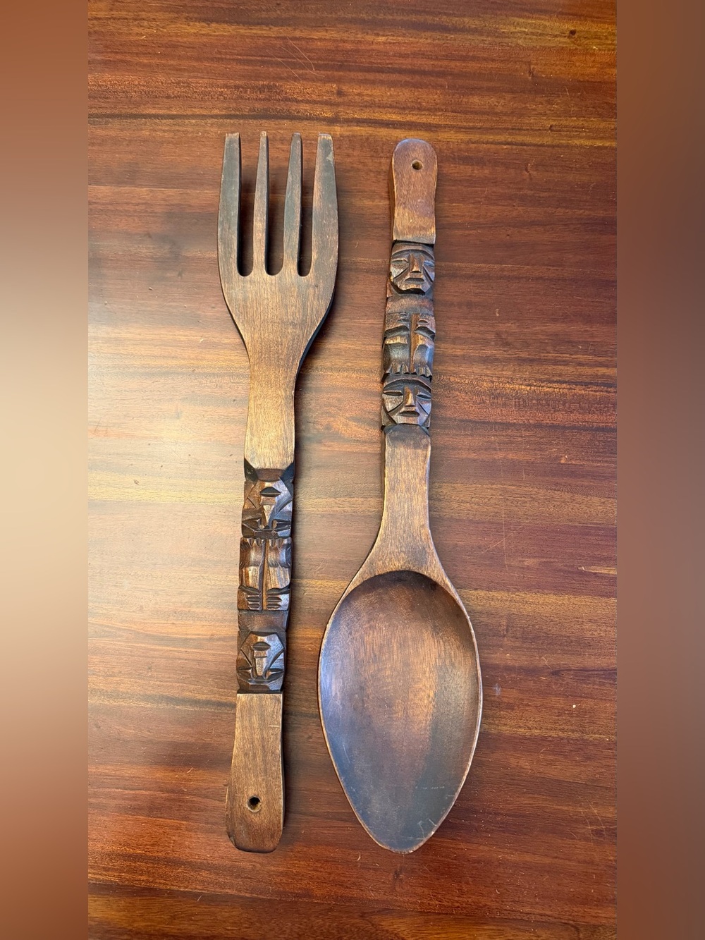 Vintage Hand-Carved Wooden Spoon & Fork Wall Decor – 22” Tribal-Inspired Art